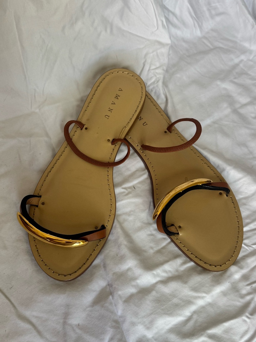 Amanu Tan Leather Slip-On Sandals with Gold Accent